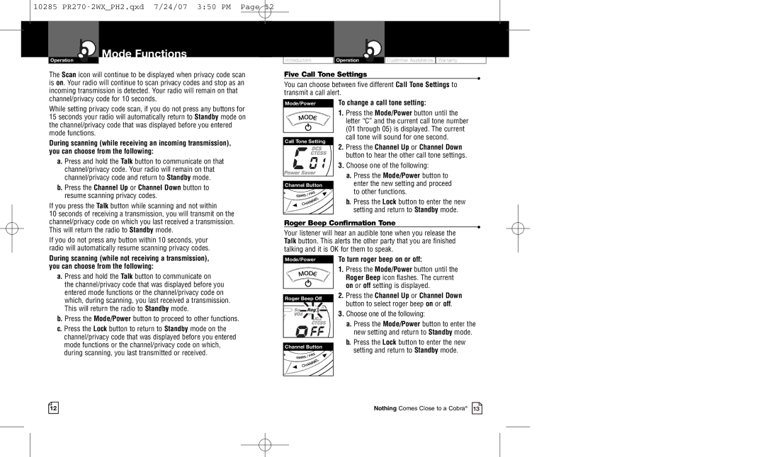 Cobra Electronics PR 270 owner manual Five Call Tone Settings, To change a call tone setting, Roger Beep Confirmation Tone 