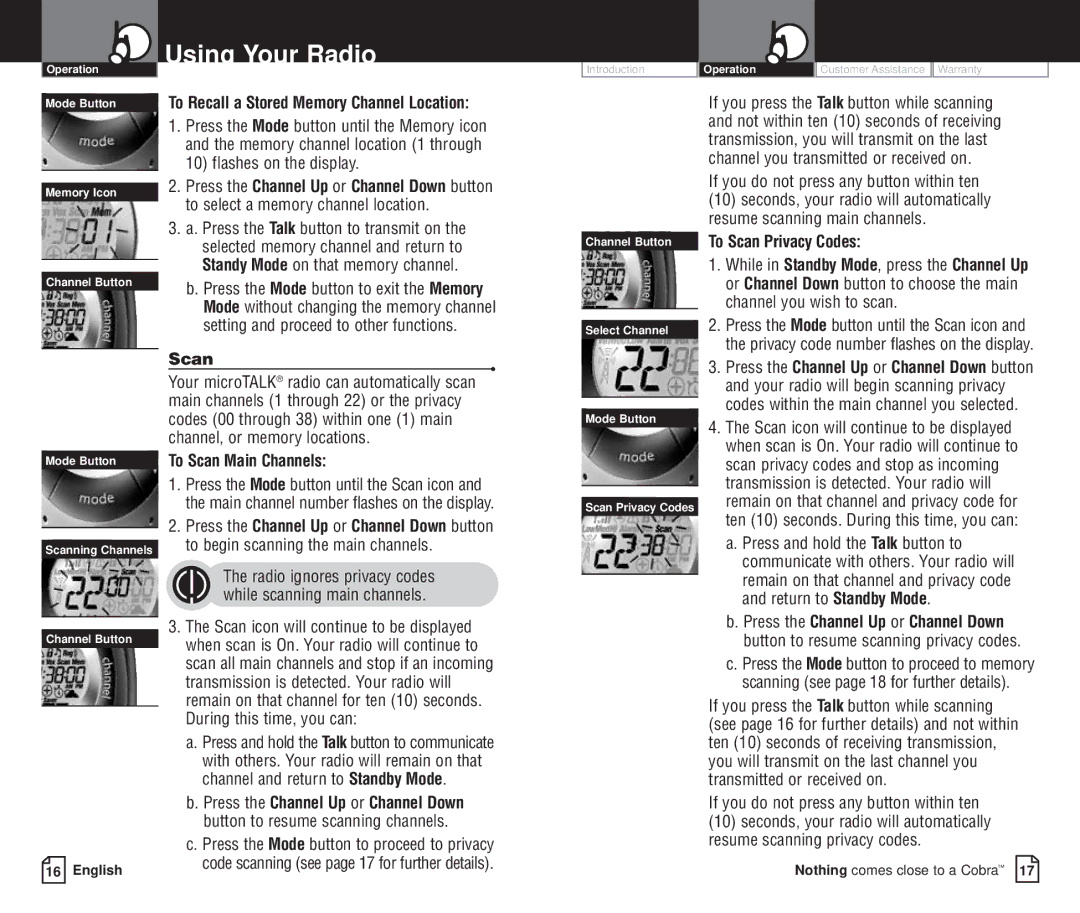 Cobra Electronics PR 4200-2 WX VP owner manual To Recall a Stored Memory Channel Location, To Scan Main Channels 