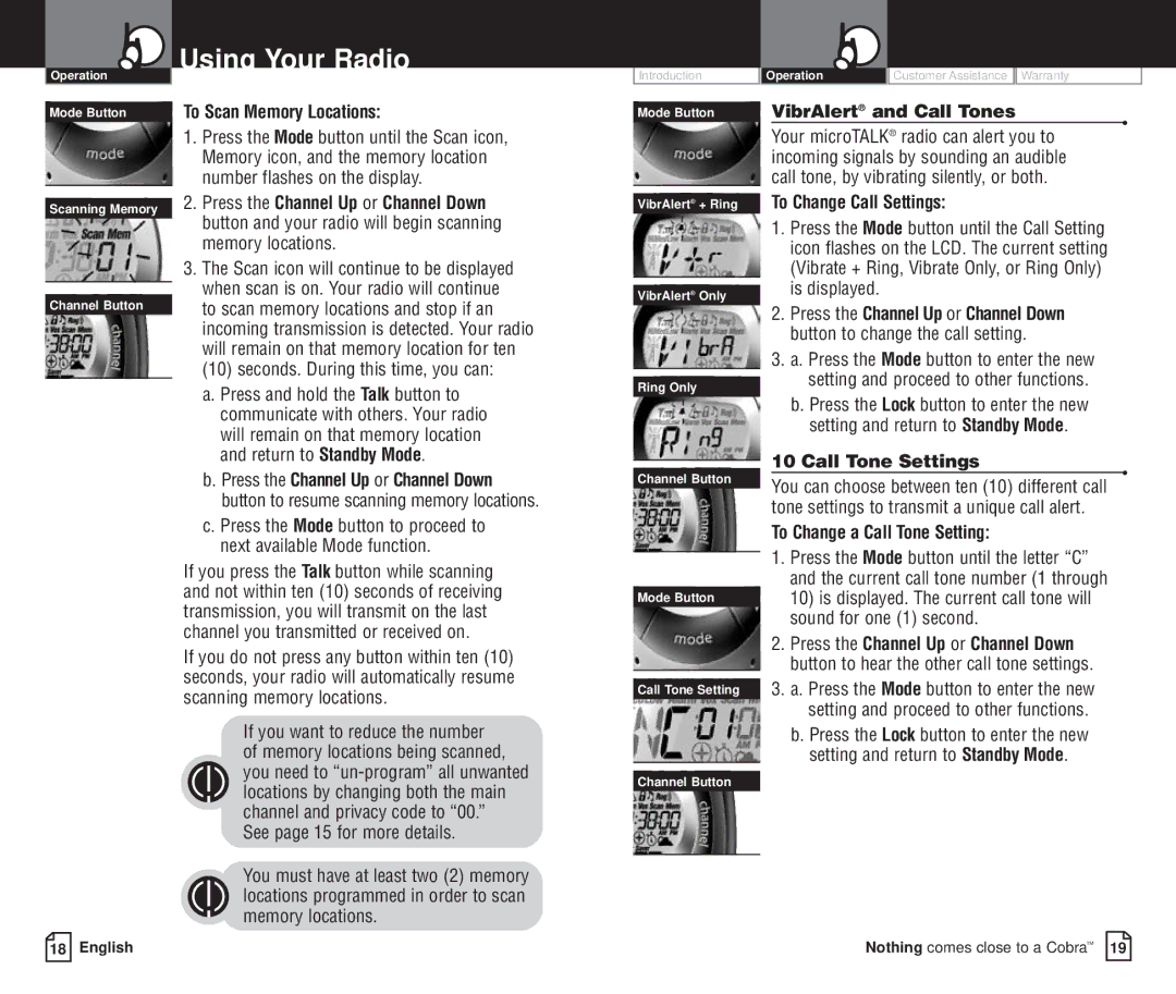 Cobra Electronics PR 4200-2 WX VP owner manual To Scan Memory Locations, VibrAlert and Call Tones, To Change Call Settings 