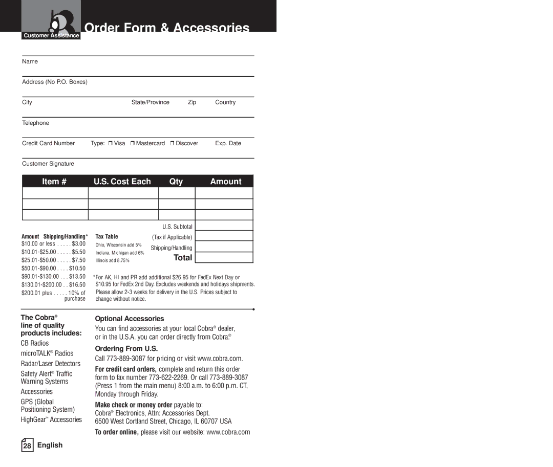 Cobra Electronics PR 4200-2 WX VP owner manual Order Form & Accessories, Total, Cobra line of quality products includes 