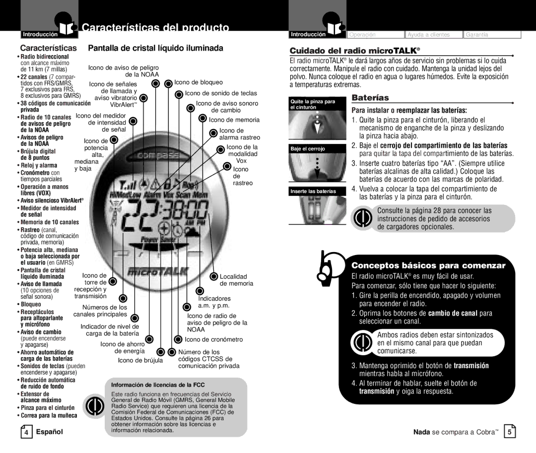 Cobra Electronics PR 4200-2 WX VP Características Pantalla de cristal líquido iluminada, Cuidado del radio microTALK 