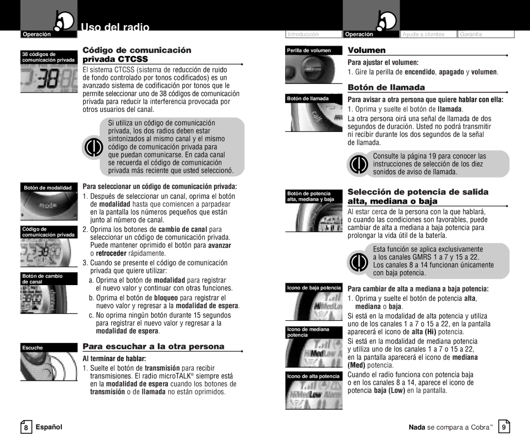 Cobra Electronics PR 4200-2 WX VP Código de comunicación privada Ctcss, Botón de llamada, Para escuchar a la otra persona 