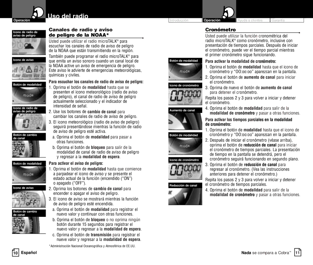 Cobra Electronics PR 4200-2 WX VP owner manual Canales de radio y aviso de peligro de la Noaa, Cronómetro 