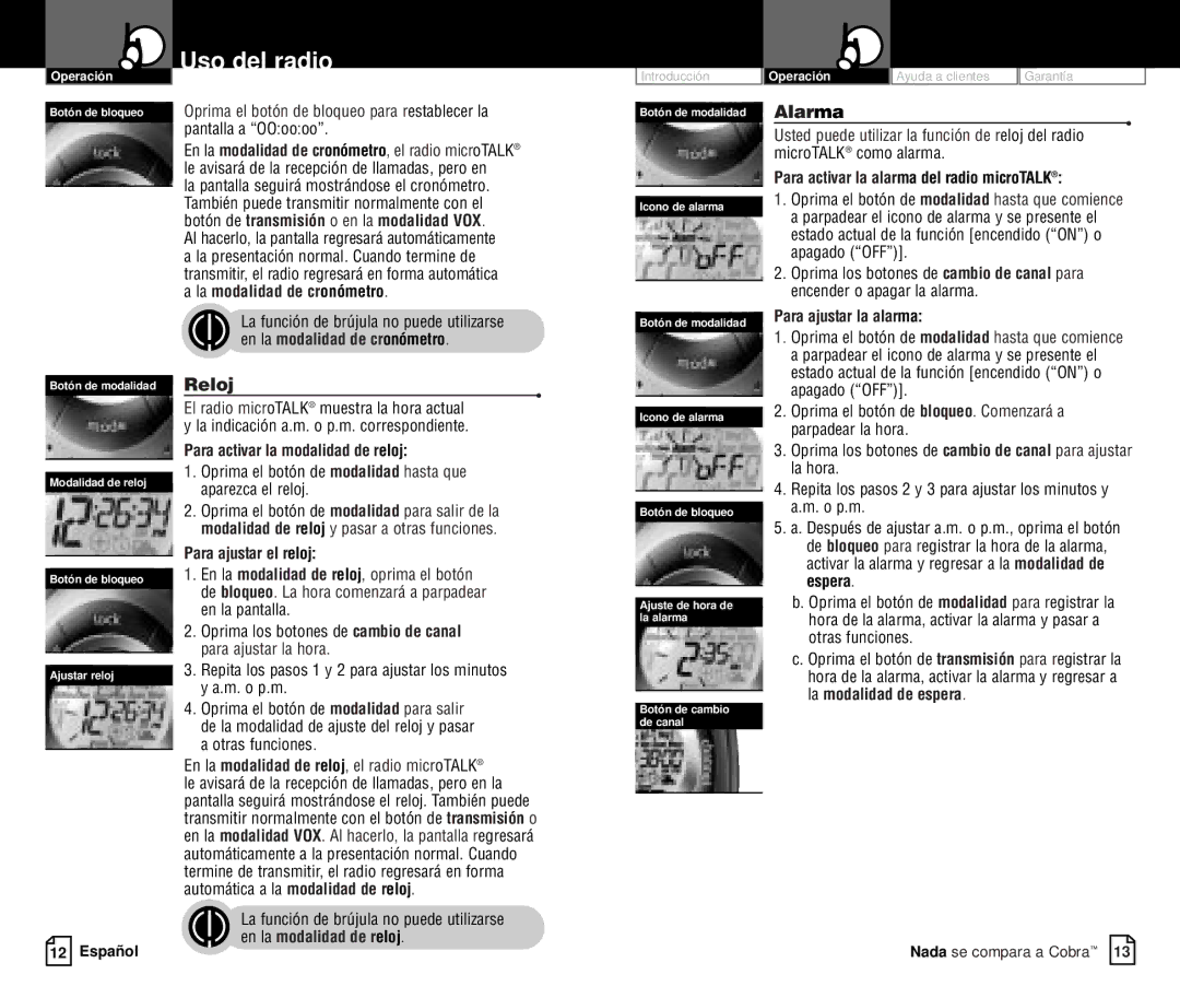 Cobra Electronics PR 4200-2 WX VP owner manual Reloj, Alarma 