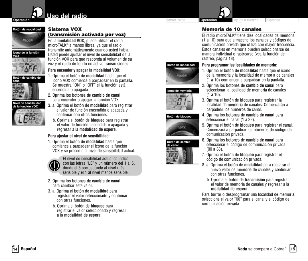 Cobra Electronics PR 4200-2 WX VP owner manual Sistema VOX, Transmisión activada por voz, Memoria de 10 canales 