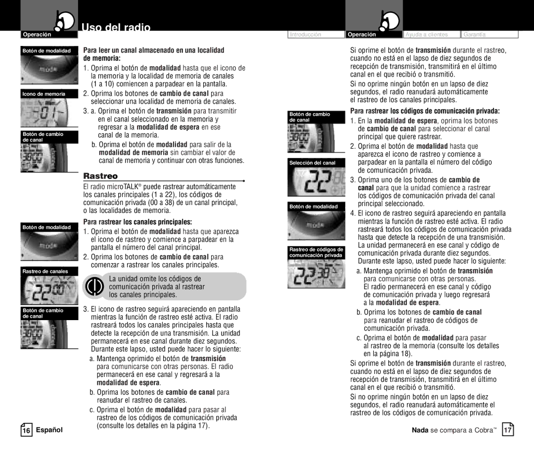 Cobra Electronics PR 4200-2 WX VP owner manual Rastreo, Para leer un canal almacenado en una localidad de memoria 