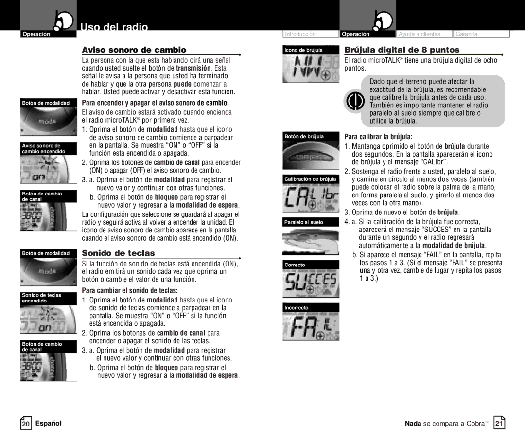 Cobra Electronics PR 4200-2 WX VP owner manual Aviso sonoro de cambio, Brújula digital de 8 puntos, Sonido de teclas 