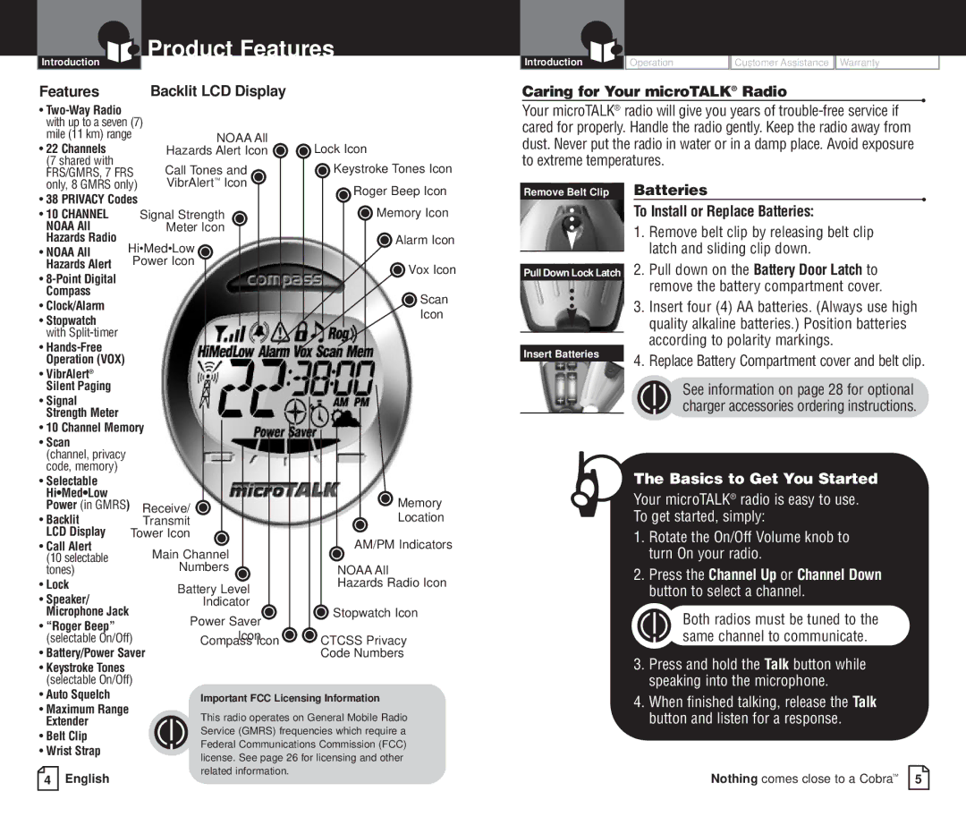 Cobra Electronics PR 4200-2 WX VP Features, Caring for Your microTALK Radio, Batteries To Install or Replace Batteries 