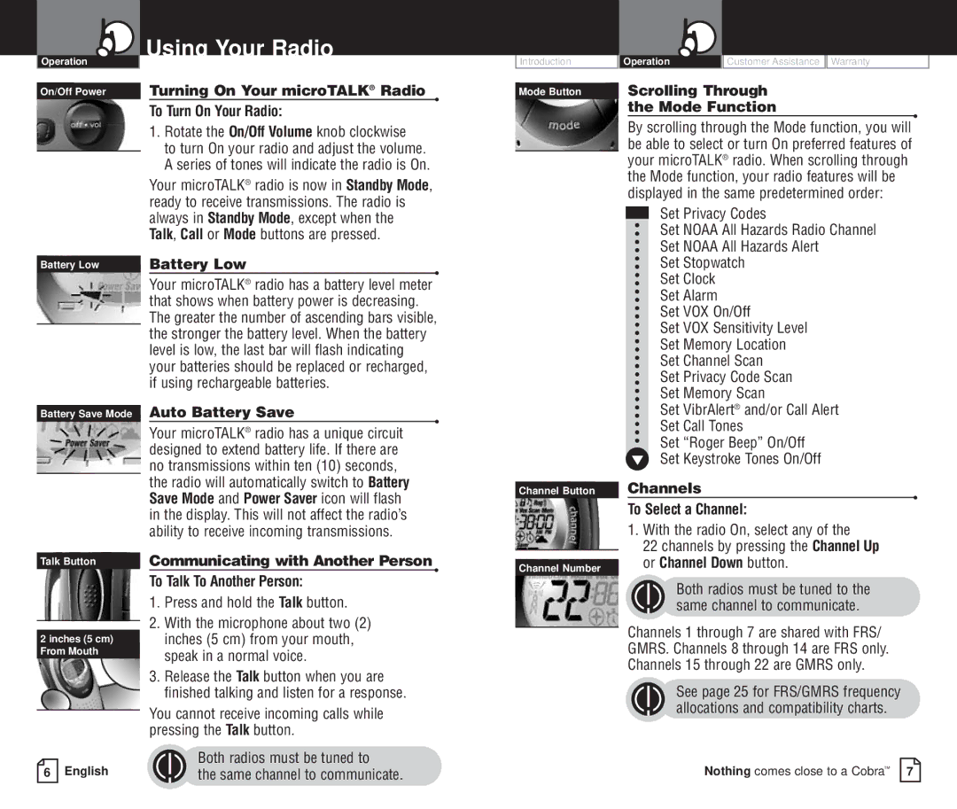 Cobra Electronics PR 4200-2 WX VP owner manual Using Your Radio, Turning On Your microTALK Radio To Turn On Your Radio 