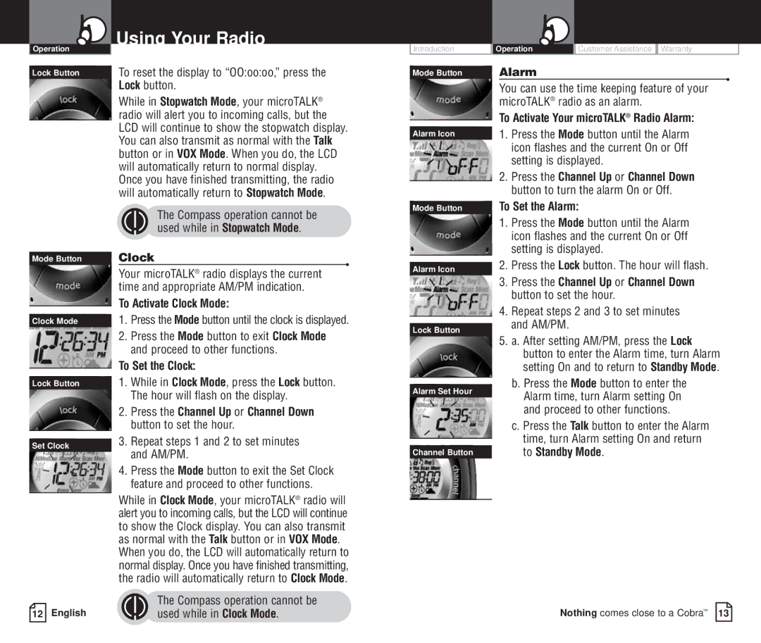 Cobra Electronics PR 4200-2 WX VP owner manual To Activate Clock Mode, To Set the Clock, To Set the Alarm 