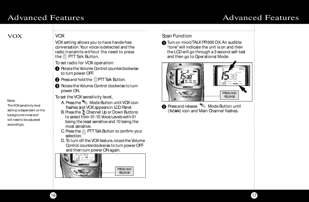 Cobra Electronics PR 900 DX Scan Function, To set radio for VOX operation, To set the VOX sensitivity level 