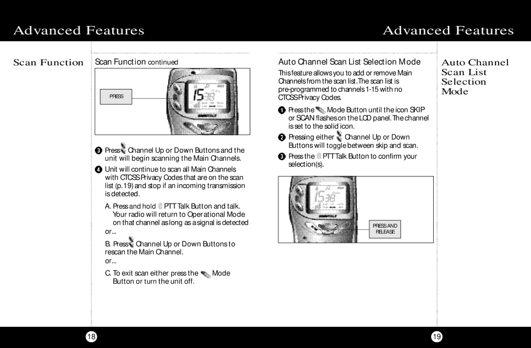 Cobra Electronics PR 900 DX operating instructions Scan Function Scan Function, Auto Channel Scan List Selection Mode 