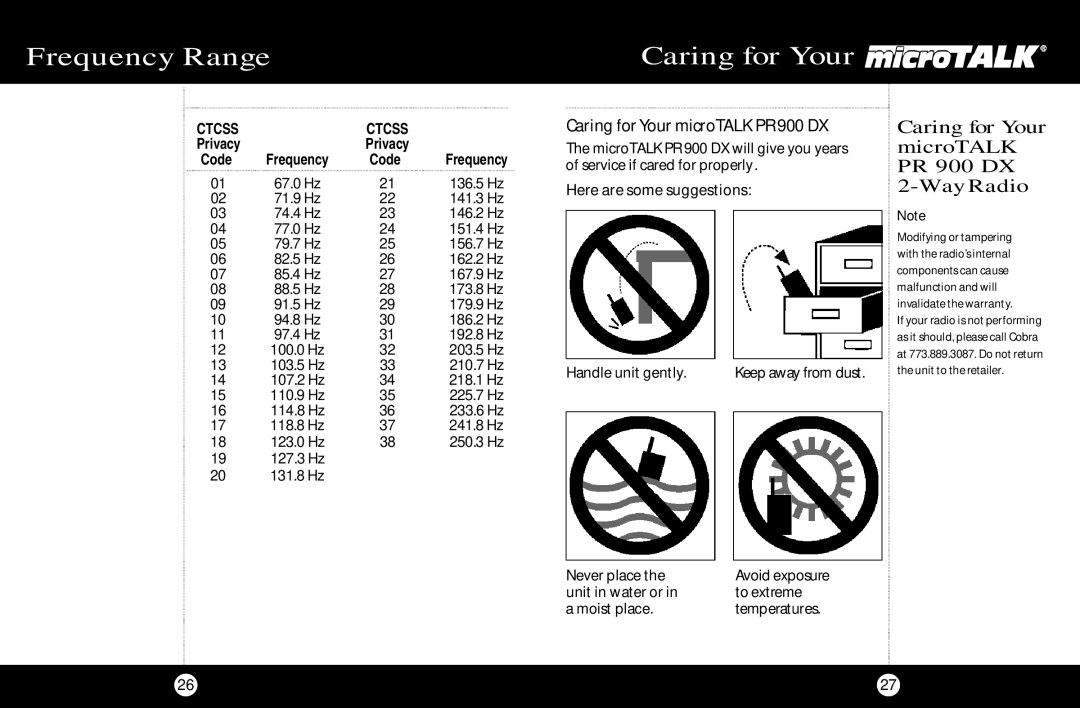 Cobra Electronics Frequency Range Caring for Your, Caring for Your microTALK PR 900 DX Way Radio, Code 