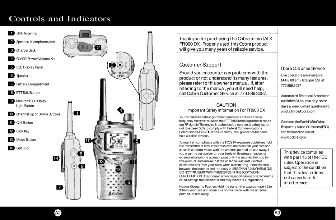 Cobra Electronics PR 900 DX operating instructions Controls and Indicators, Customer Support 