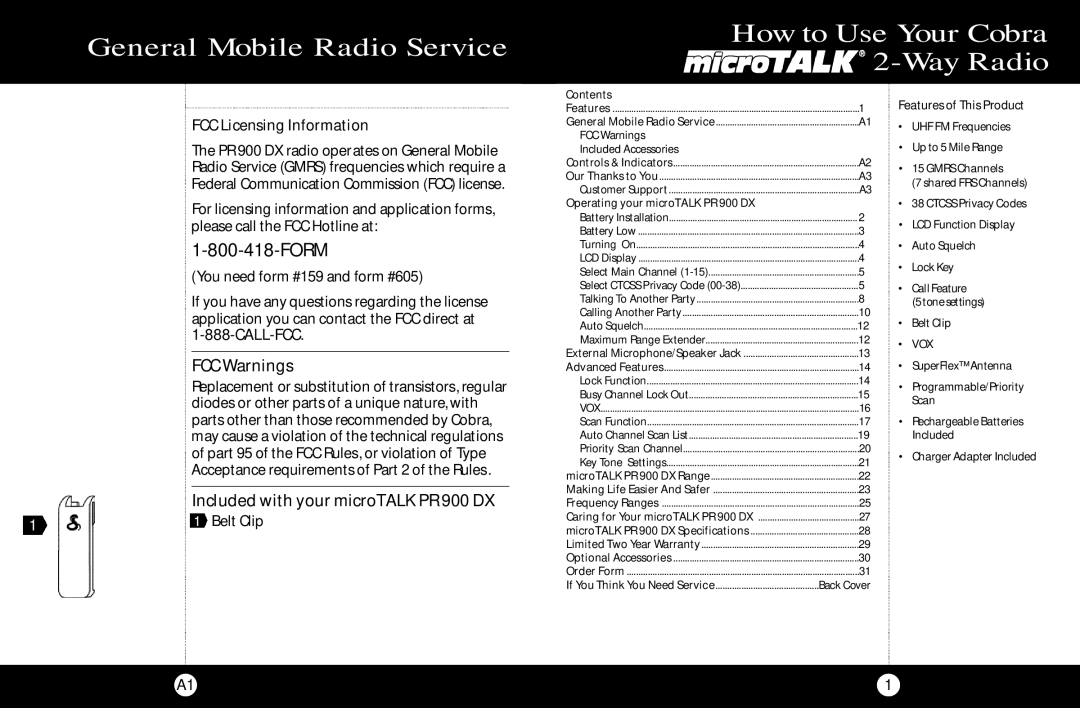 Cobra Electronics FCC Warnings, Included with your microTALK PR 900 DX, FCC Licensing Information, Call-Fcc 