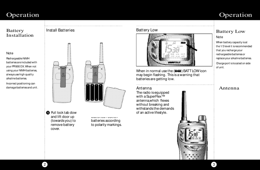 Cobra Electronics PR 900 DX operating instructions Operation, Installation Battery Low, Antenna 