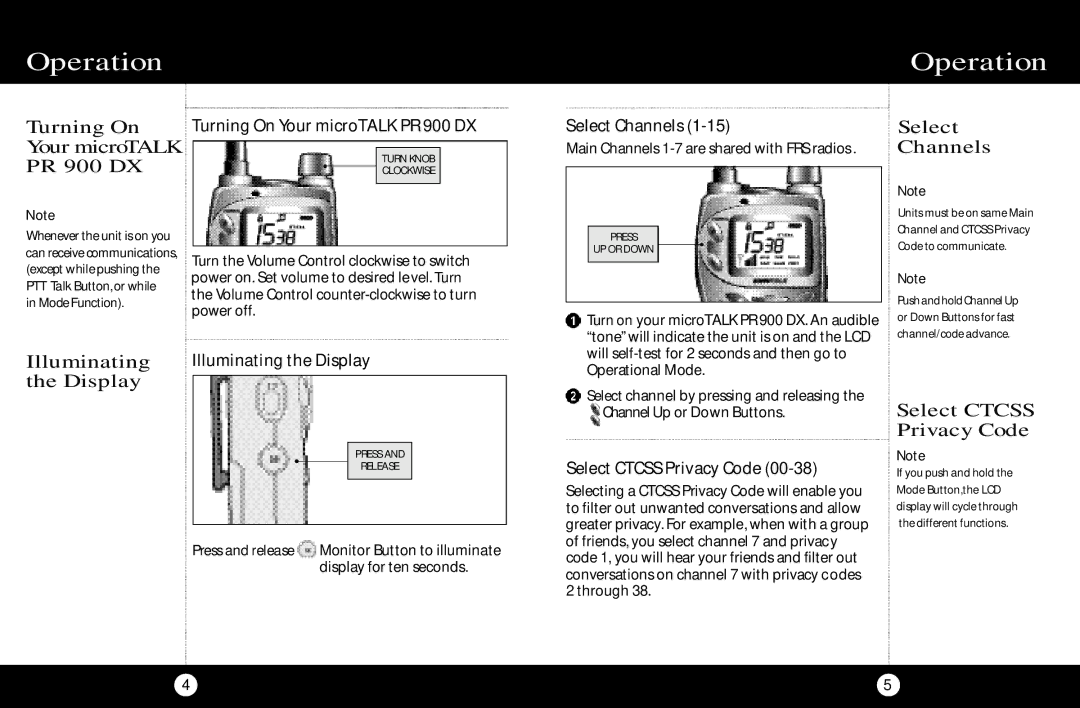 Cobra Electronics operating instructions Turning On Your microTALK PR 900 DX, Select Channels, Illuminating, Display 