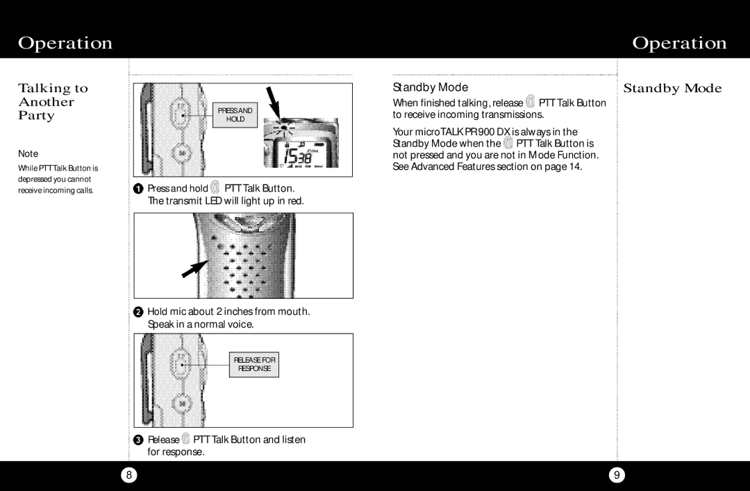 Cobra Electronics PR 900 DX operating instructions Talking to Another Party, Standby Mode 