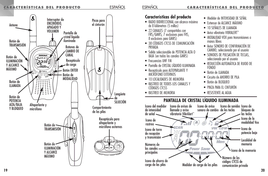 Cobra Electronics PR 950 DX operating instructions Características del producto 