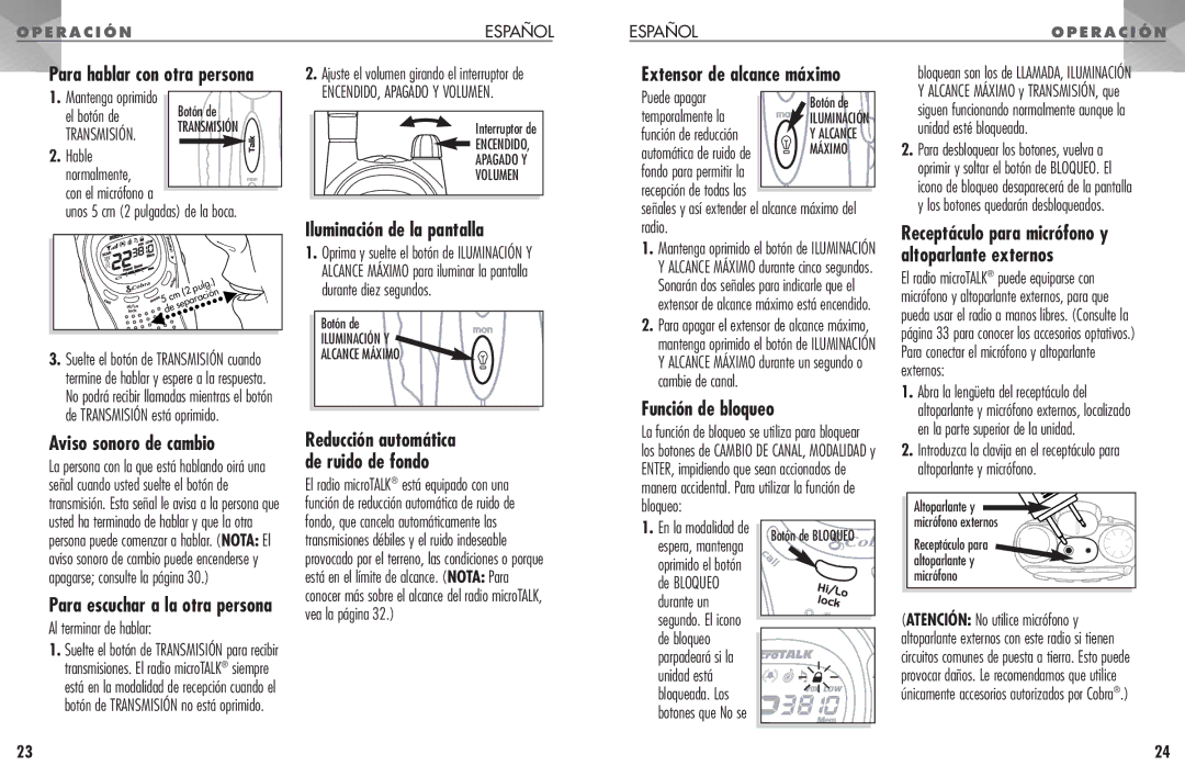 Cobra Electronics PR 950 DX operating instructions Aviso sonoro de cambio, Iluminación de la pantalla, Función de bloqueo 