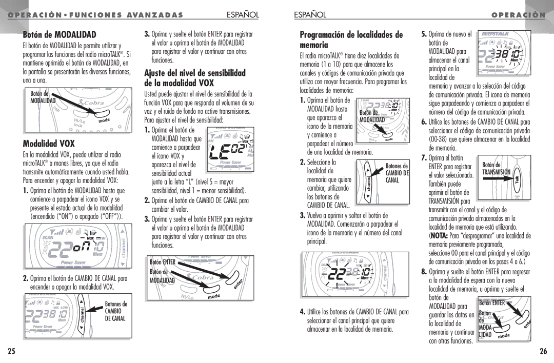 Cobra Electronics PR 950 DX Botón de Modalidad, Modalidad VOX, Programación de localidades de memoria 