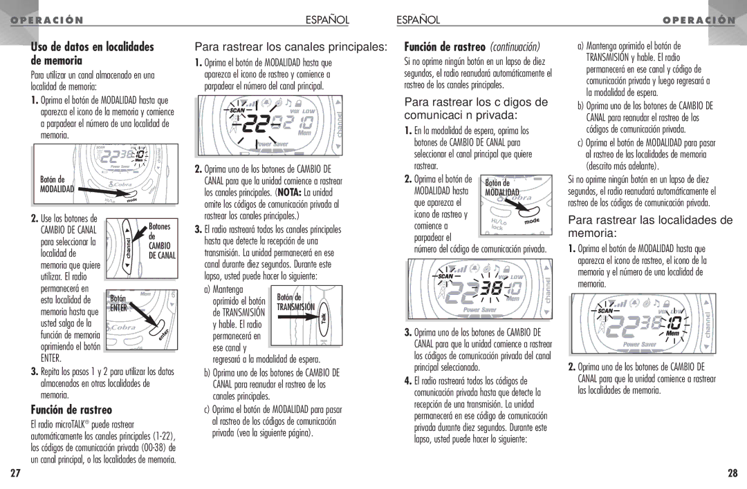 Cobra Electronics PR 950 DX Función de rastreo, La modalidad de espera, Enter, Principal seleccionado 