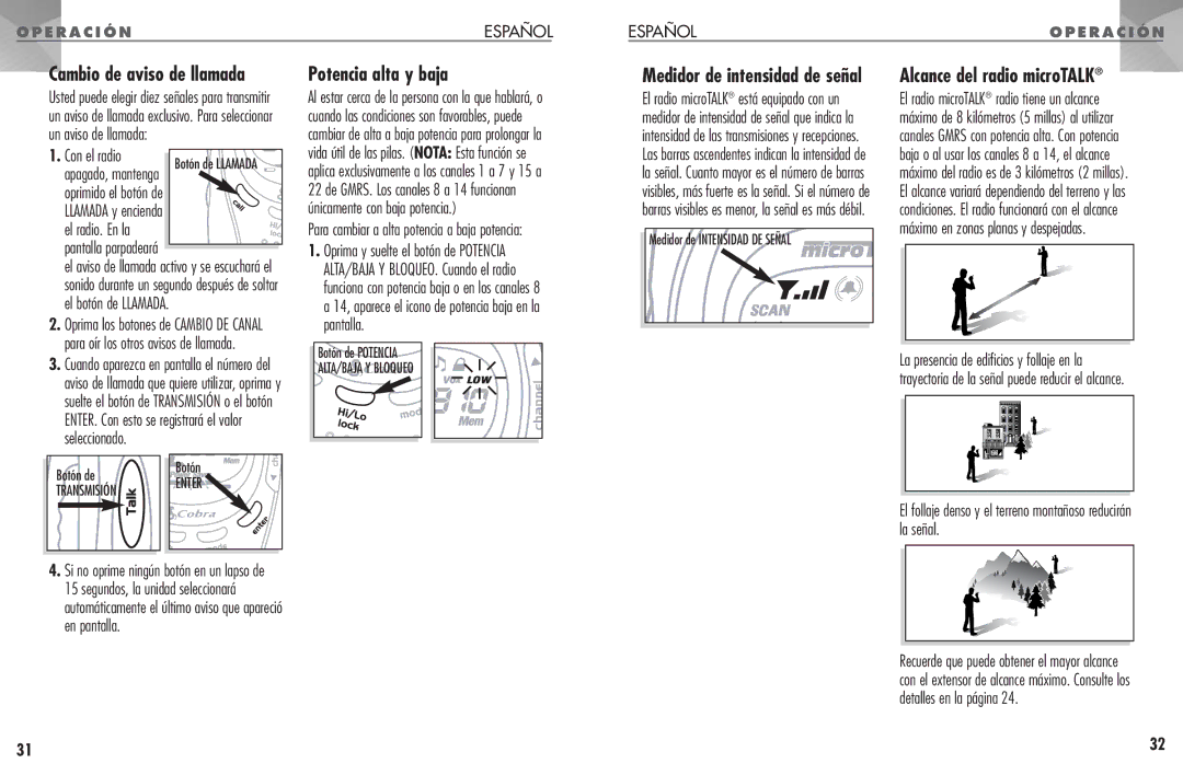 Cobra Electronics PR 950 DX Potencia alta y baja, Cambio de aviso de llamada, Alcance del radio microTALK 