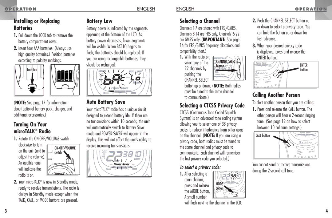 Cobra Electronics PR 950 DX Installing or Replacing Batteries, Battery Low, Auto Battery Save, Selecting a Channel 