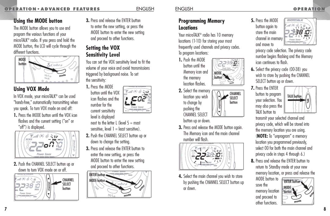 Cobra Electronics PR 950 DX operating instructions Using the Mode button, Using VOX Mode 