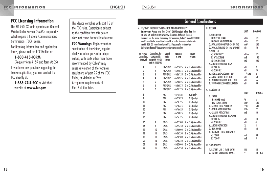 Cobra Electronics PR 950 DX FCC Licensing Information, This device complies with part 15, Part 2 of the Rules 