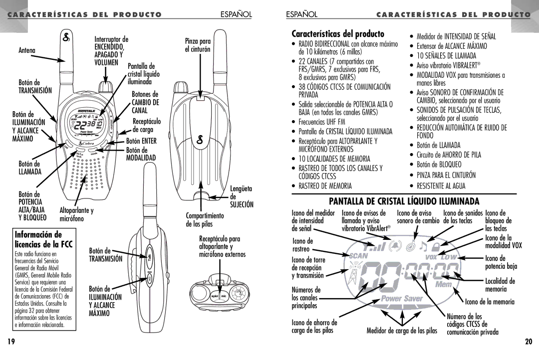 Cobra Electronics PR 955 DX operating instructions Características del producto 