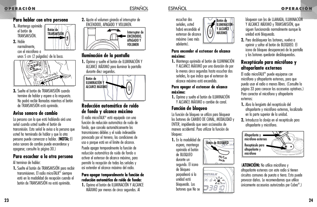 Cobra Electronics PR 955 DX operating instructions Aviso sonoro de cambio, Iluminación de la pantalla, Función de bloqueo 