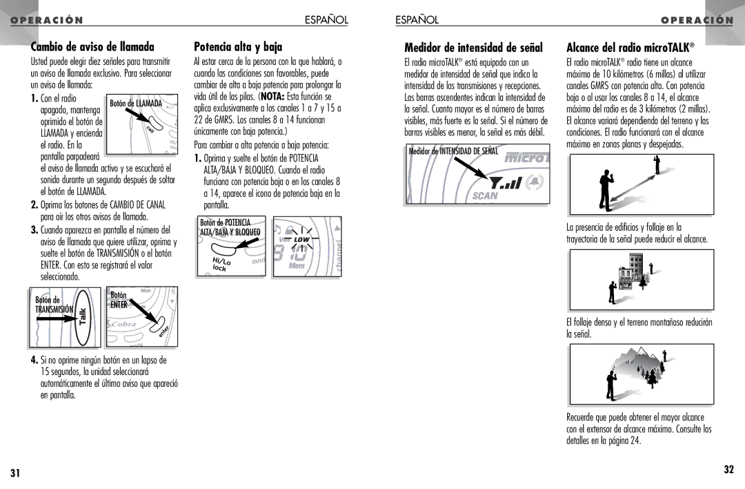 Cobra Electronics PR 955 DX Alcance del radio microTALK, Para cambiar a alta potencia a baja potencia, Transmisión 