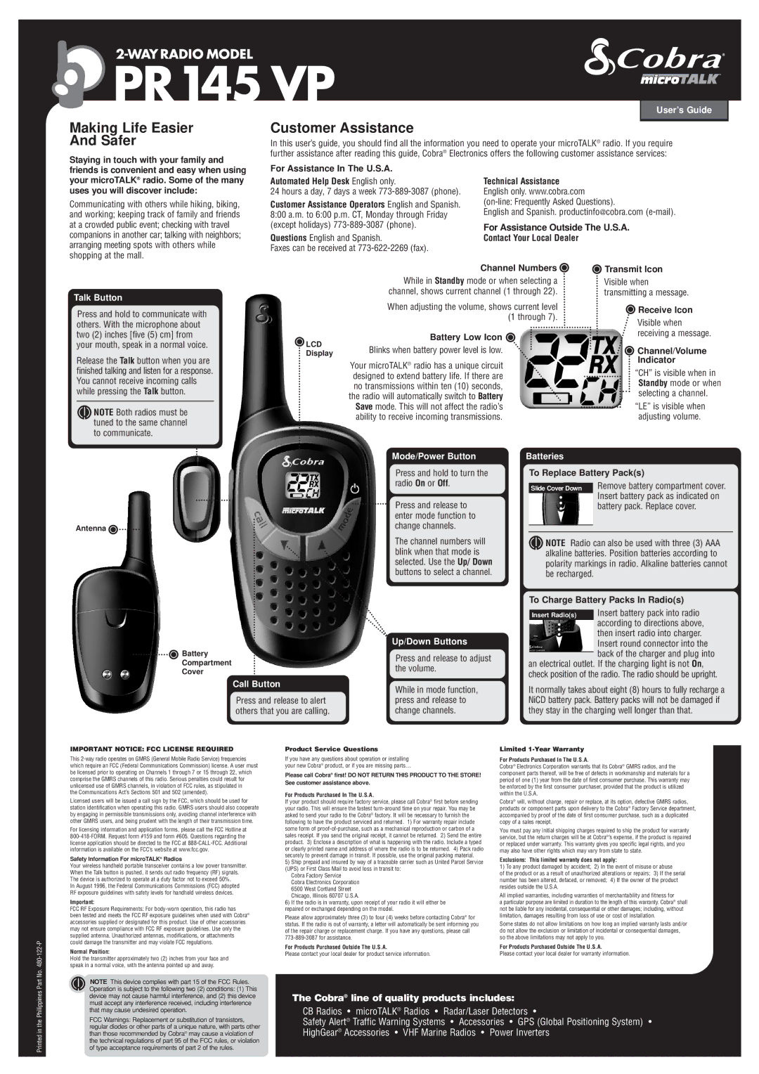 Cobra Electronics PR145 VP warranty User’s Guide, Talk Button, Mode/Power Button, Batteries, Call Button, Up/Down Buttons 