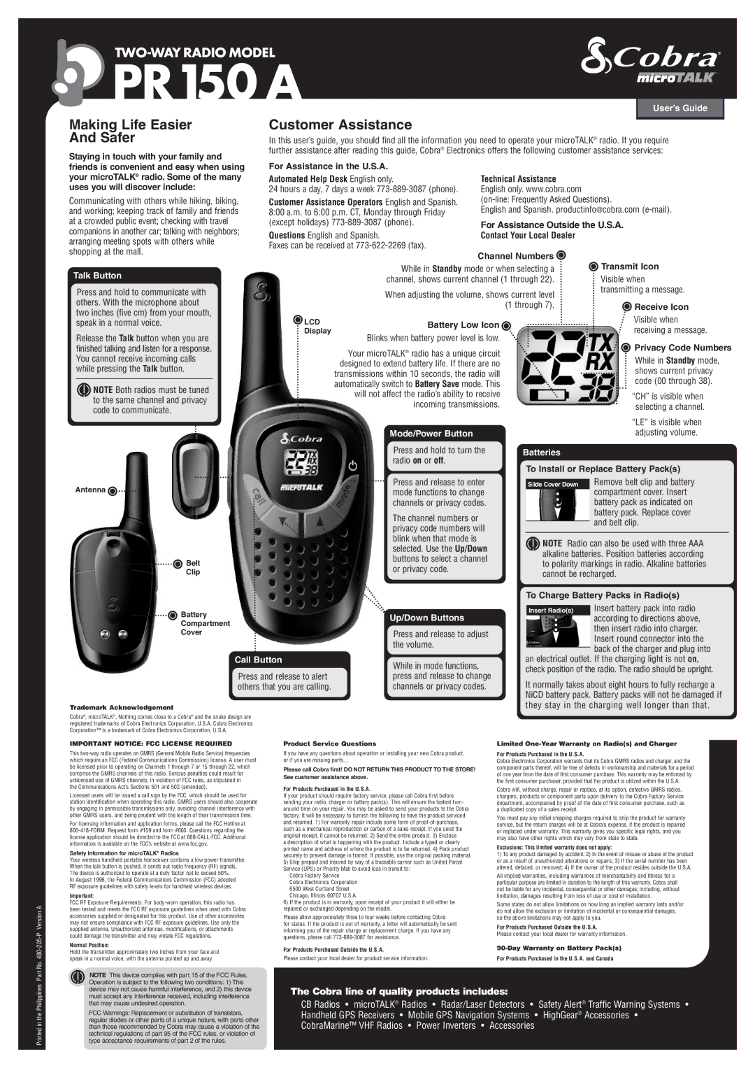 Cobra Electronics PR150 A warranty User’s Guide, Talk Button, Mode/Power Button, Call Button, Up/Down Buttons, Batteries 