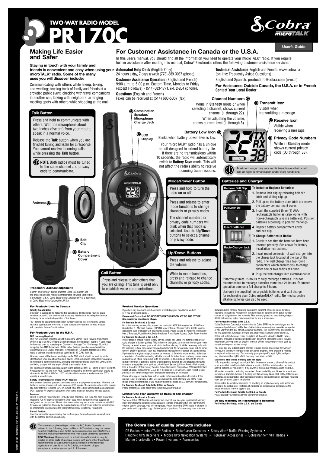 Cobra Electronics PR170C user manual Talk Button, User’s Guide, Mode/Power Button, Batteries and Charger, Call Button 