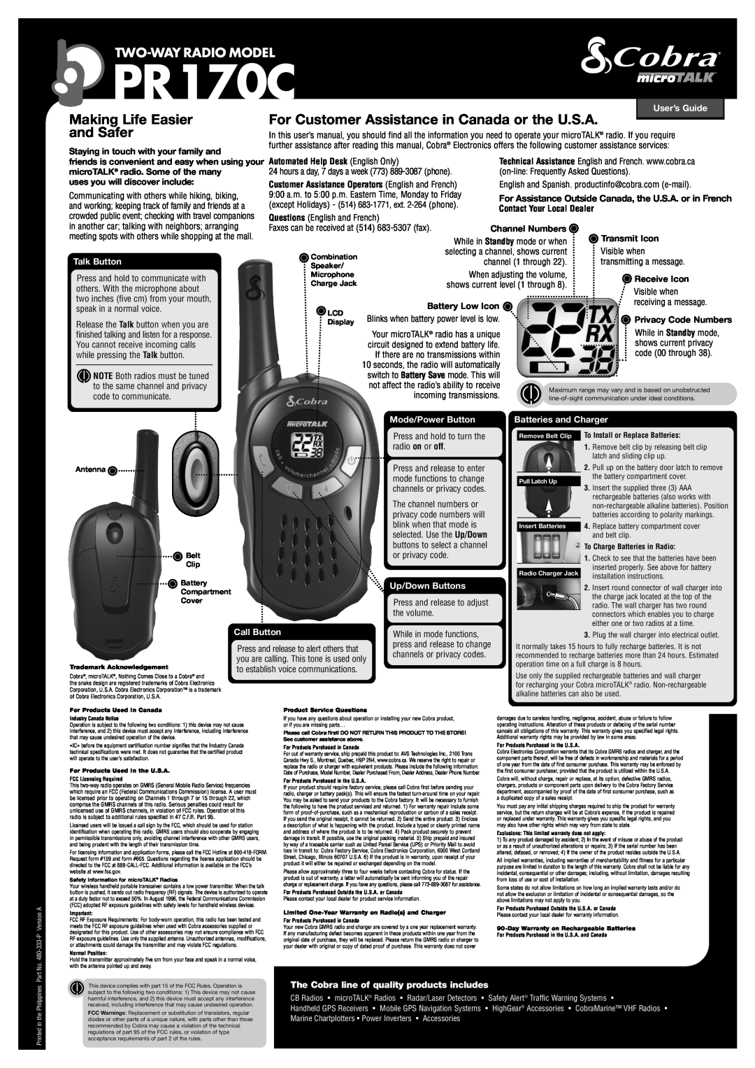 Cobra Electronics PR170C user manual Making Life Easier and Safer, For Customer Assistance in Canada or the U.S.A 