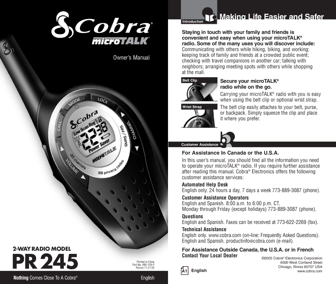 Cobra Electronics PR245 owner manual Making Life Easier and Safer 