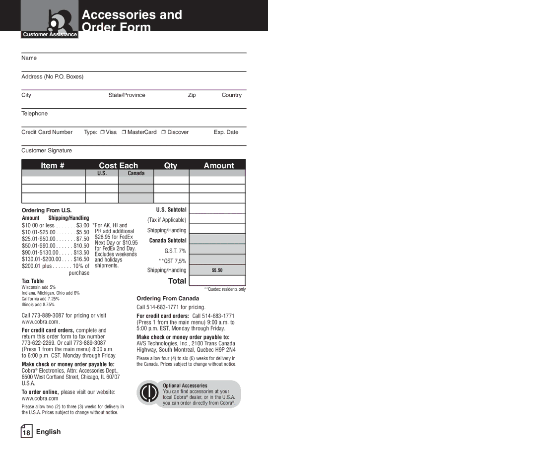 Cobra Electronics PR245 owner manual Accessories and Order Form, Total 