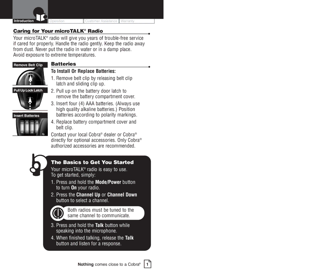 Cobra Electronics PR245 Caring for Your microTALK Radio, Avoid exposure to extreme temperatures, Basics to Get You Started 