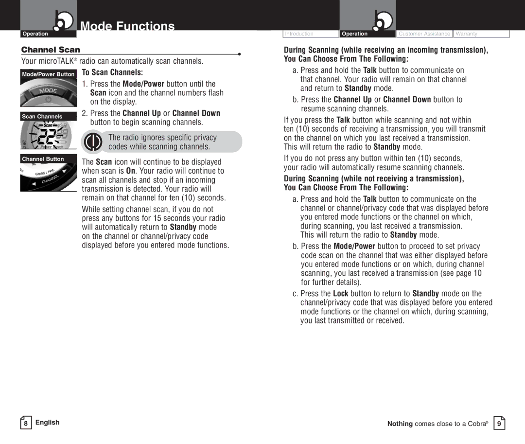 Cobra Electronics PR245 owner manual Mode Functions, Channel Scan 