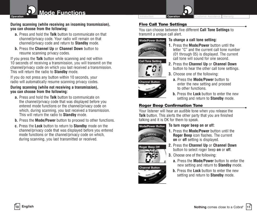 Cobra Electronics PR250WX C owner manual Five Call Tone Settings, Mode/Power Button To change a call tone setting 