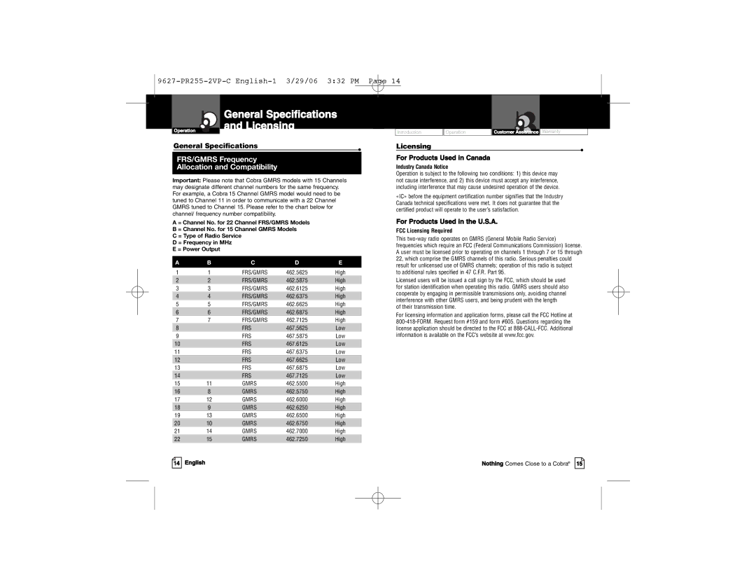 Cobra Electronics PR255-2VP-C owner manual General Specifications and Licensing, For Products Used in Canada 