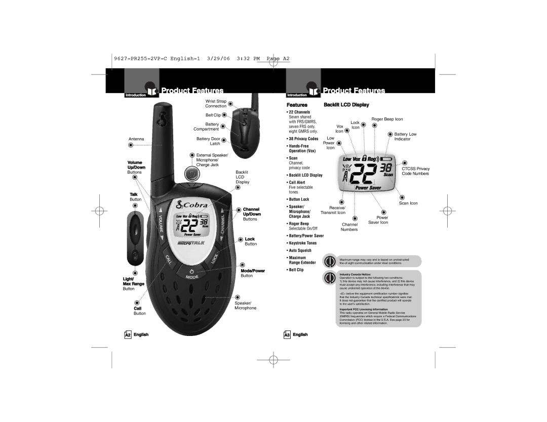 Cobra Electronics PR255-2VP-C owner manual Product Features 