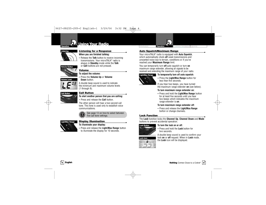 Cobra Electronics PR255-2VP-C owner manual Call Button To alert another person that you are calling, Display Illumination 