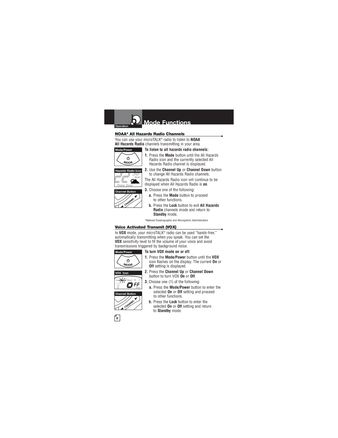 Cobra Electronics PR260 WX Mode Functions, NOAA* All Hazards Radio Channels, To listen to all hazards radio channels 