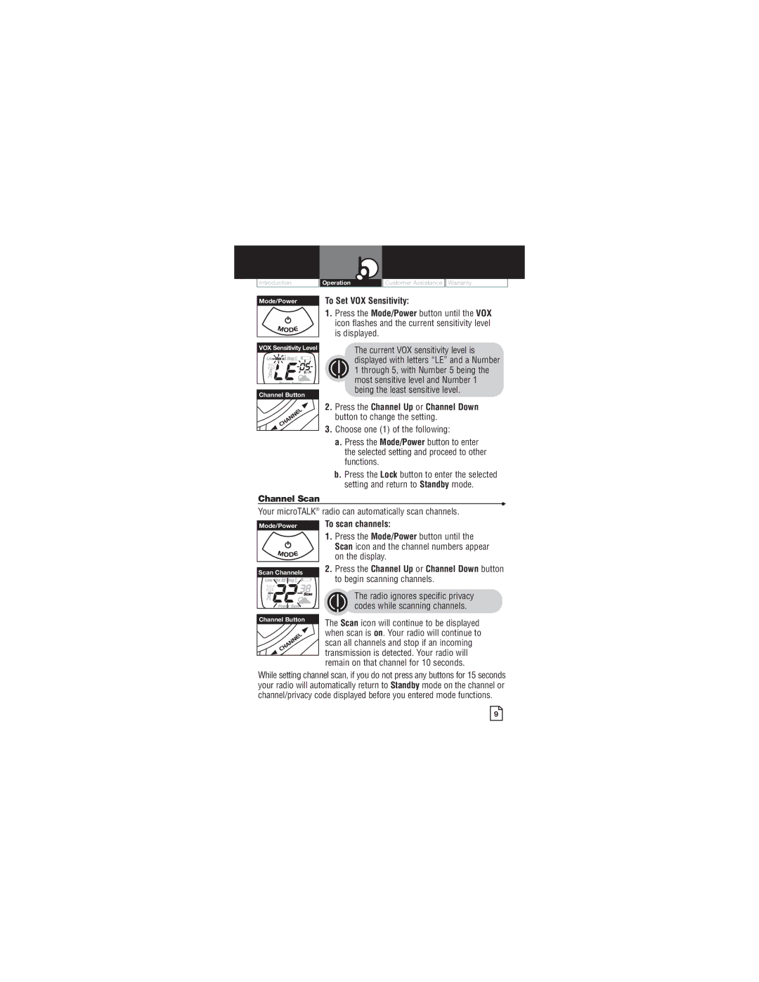 Cobra Electronics PR260 WX owner manual To Set VOX Sensitivity, Channel Scan, To scan channels 