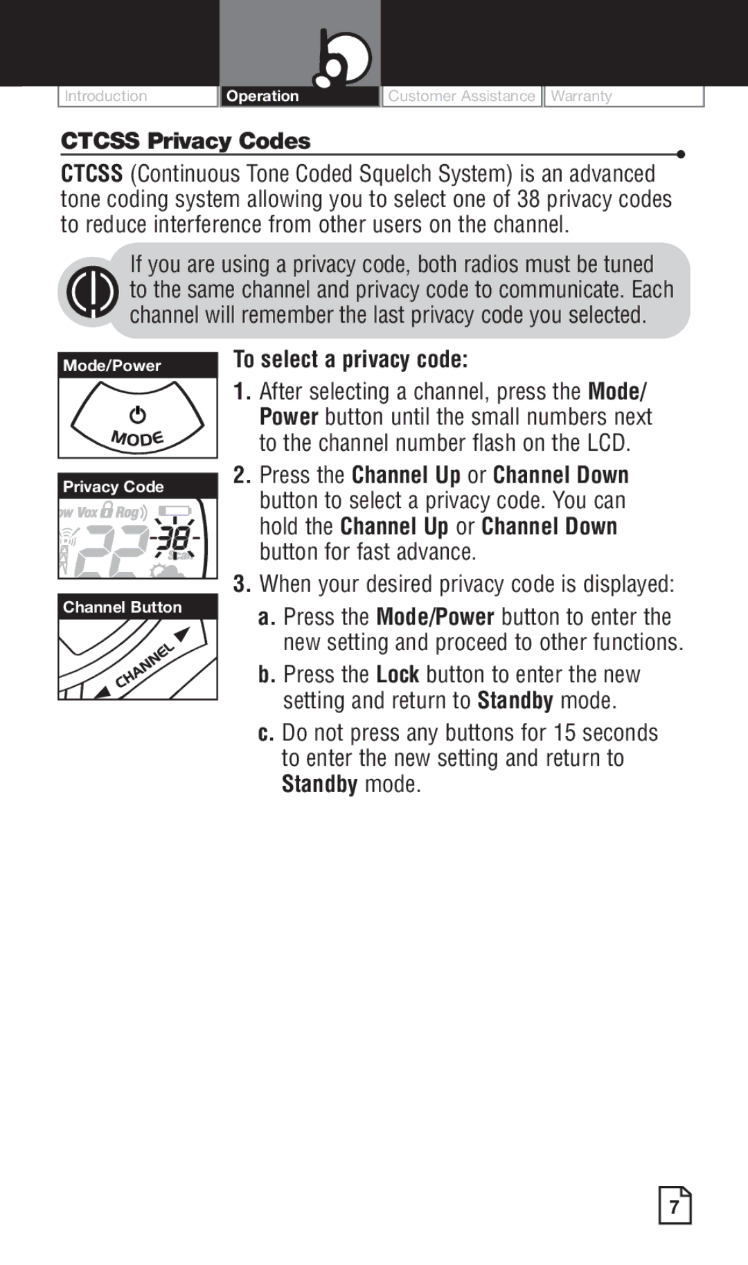 Cobra Electronics PR260 WXC owner manual Ctcss Privacy Codes, To select a privacy code 