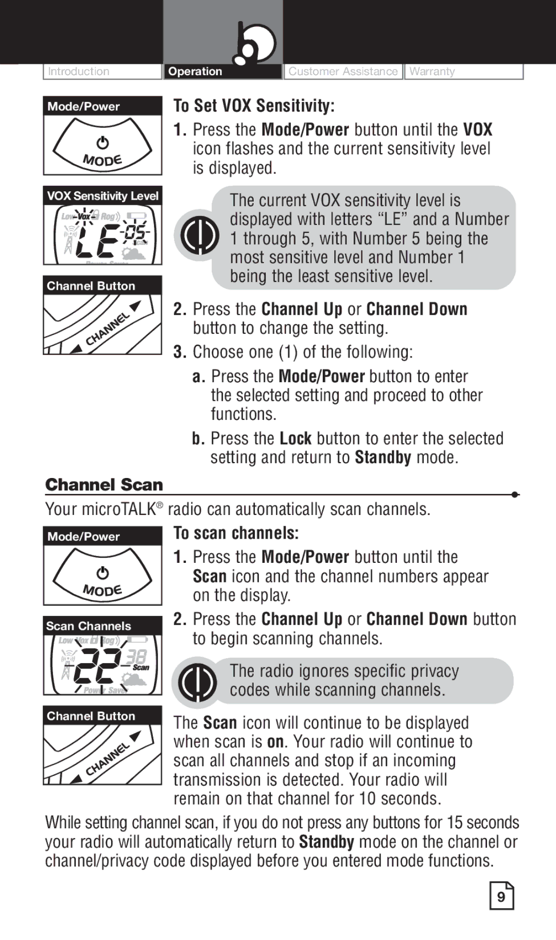 Cobra Electronics PR260 WXC owner manual To Set VOX Sensitivity, Channel Scan, To scan channels 