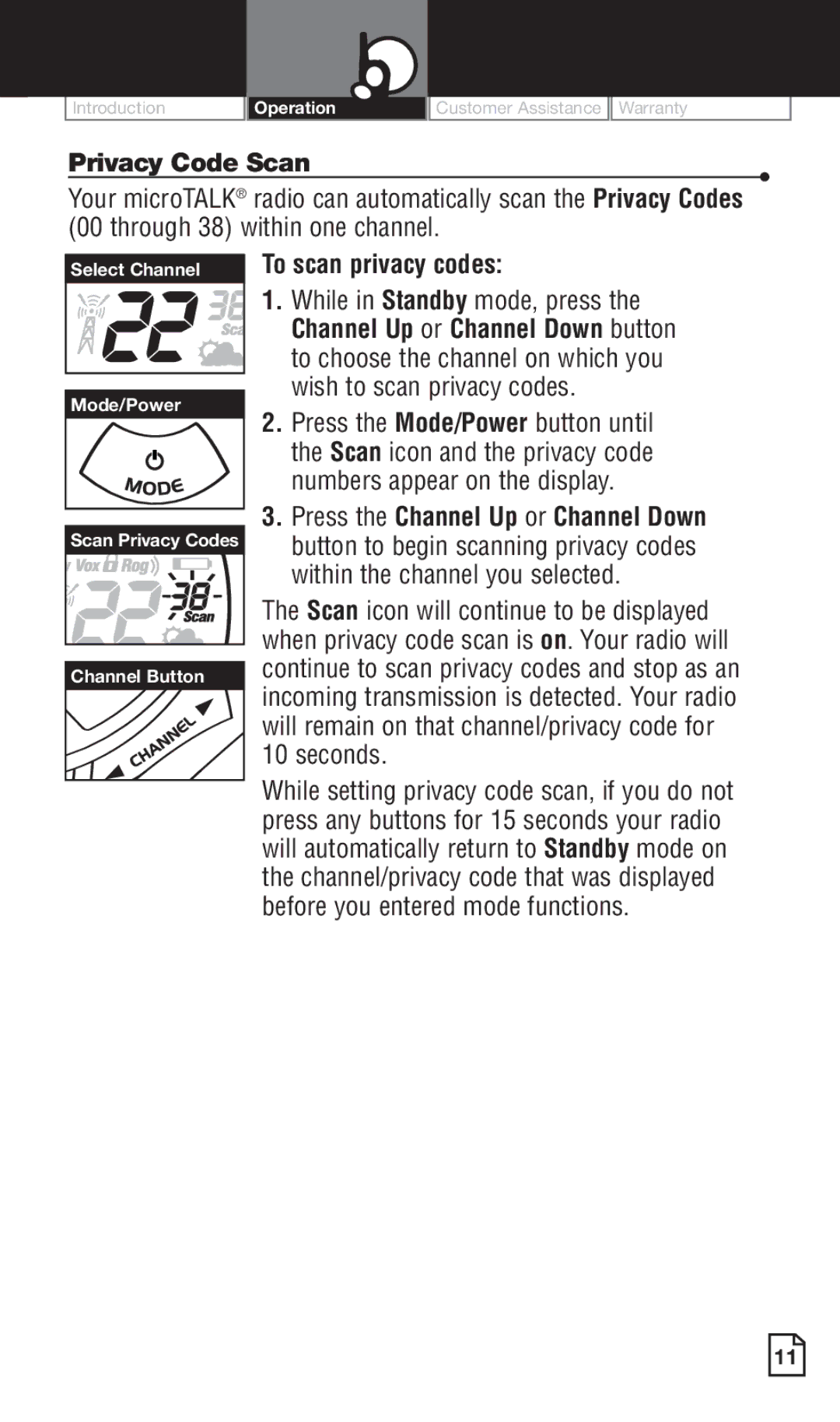 Cobra Electronics PR260 WXC owner manual Privacy Code Scan, To scan privacy codes 